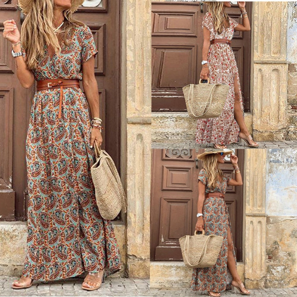 Prodotti VENDITA CALDA!! Boho Donna scollo a V manica corta stampa paisley cintura grande orlo spiaggia abito lungo abito stampa abito da spiaggia estivo con cintura