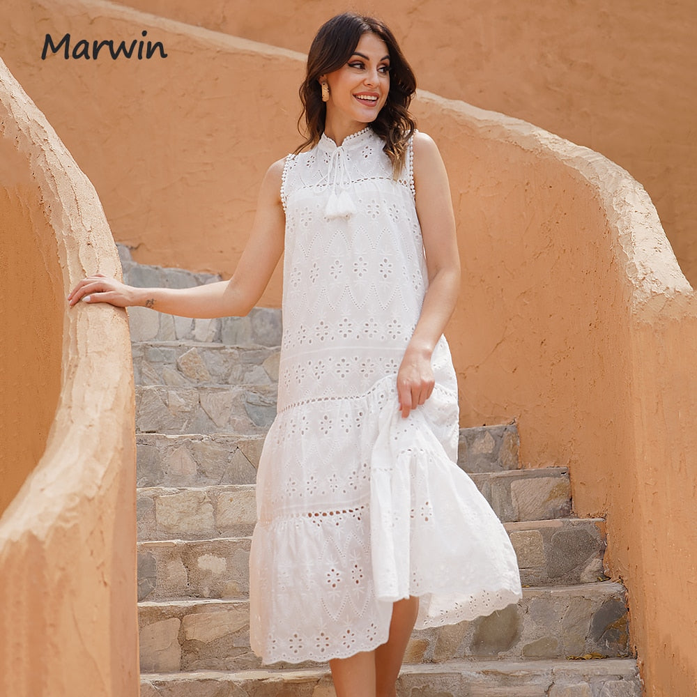 Prodotti Marwin Lungo Semplice Casual Solido Scava Fuori Puro Cotone Stile Vacanza Vita Alta Moda Abiti Estivi a Metà Polpaccio NUOVI Vestidos