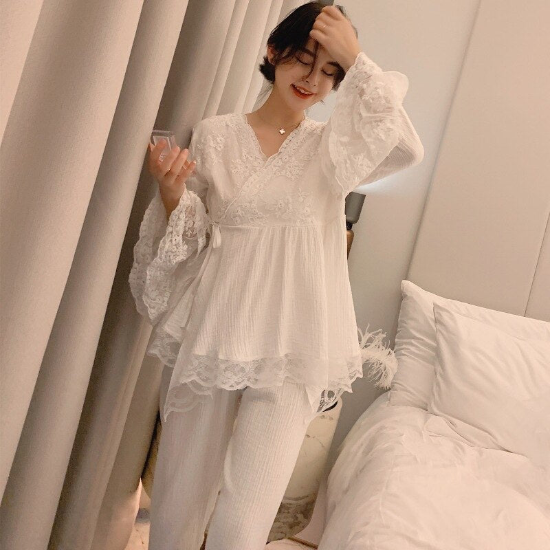 Nuova versione coreana di Bubble Cotton Garze Ladies' Il pigiama della corte ha messo gli indumenti da notte degli indumenti da notte del vestito da pigiama del merletto adorabile degli indumenti da notte 2PCS