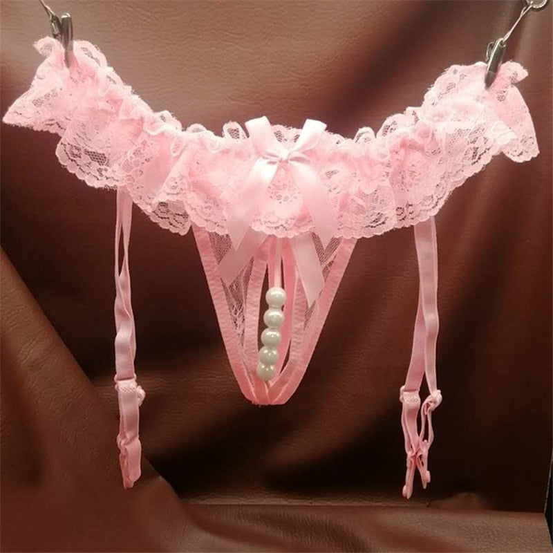 Prodotti Sexy pizzo trasparente giarrettiere con apertura sul cavallo mutandine con massaggio perla per biancheria intima erotica reggicalze per calze