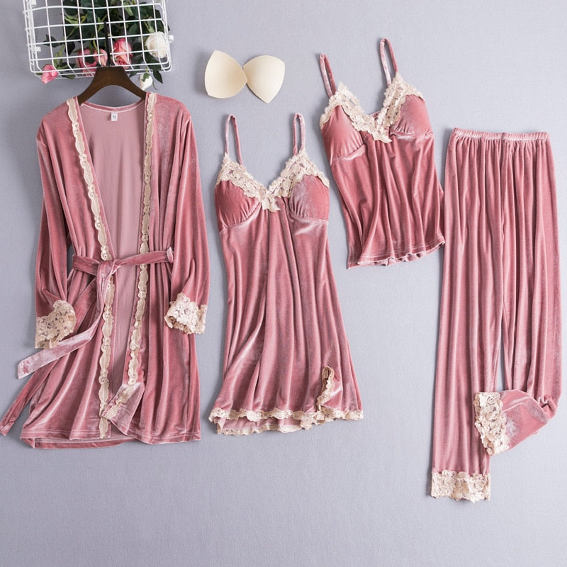 Sleepwear Sleep Set Womens Velour Nightwear Spring Pigiama in pizzo con scollo a V Softy Sleepshirt con pettorali Home Pigiama Suit