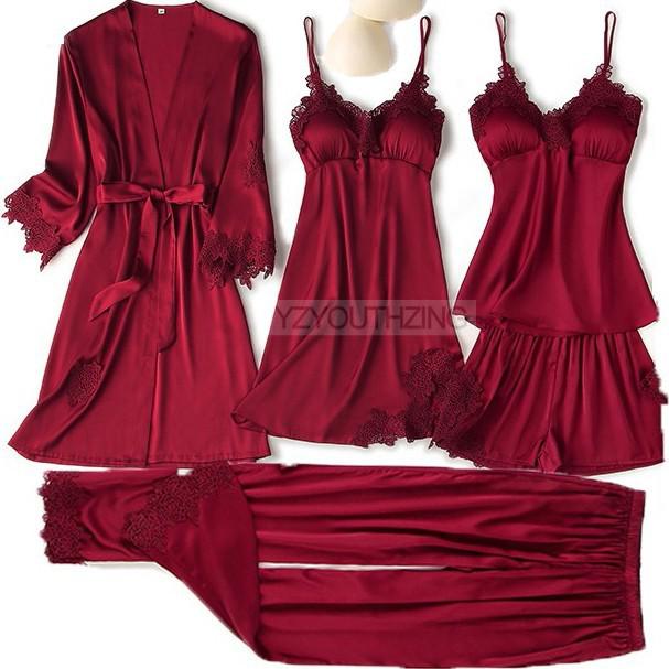 Prodotti 5PCS Robe Suit Satin Women Nightwear Pizzo Kimono Abito da sposa Accappatoio da sposa Set Pigiama sexy Scollo a V Sleepwear Lounge Lingerie