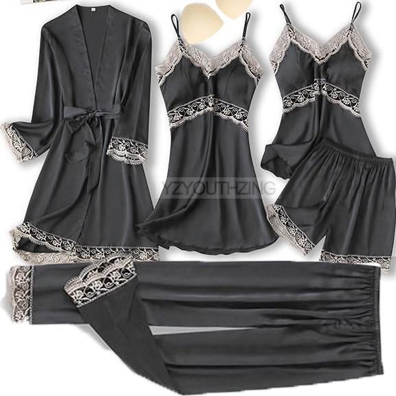 Prodotti 5PCS Robe Suit Satin Women Nightwear Pizzo Kimono Abito da sposa Accappatoio da sposa Set Pigiama sexy Scollo a V Sleepwear Lounge Lingerie