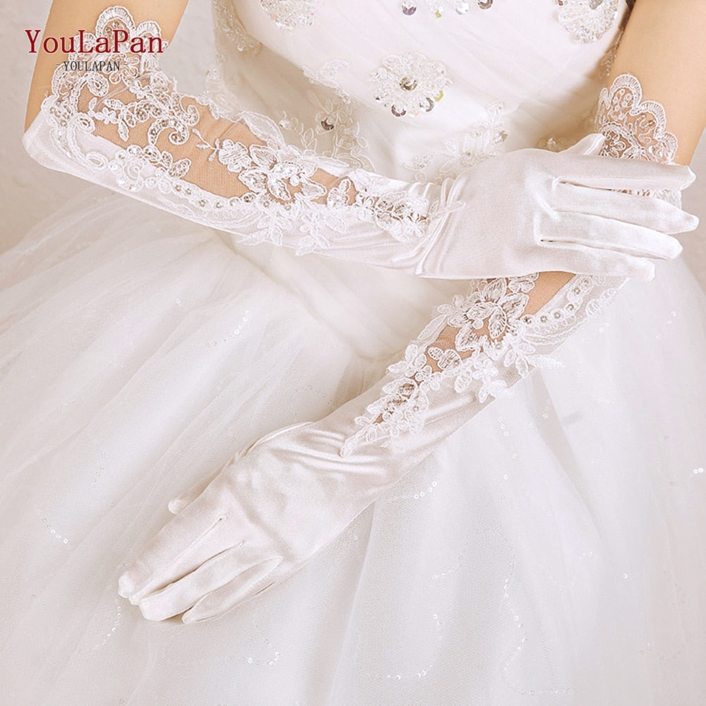 YouLaPan M06 1 paio di guanti da sposa Guanti da sposa Raso con perline Eleganti per le donne Guanti da dito Guanti da festa Accessori da sposa