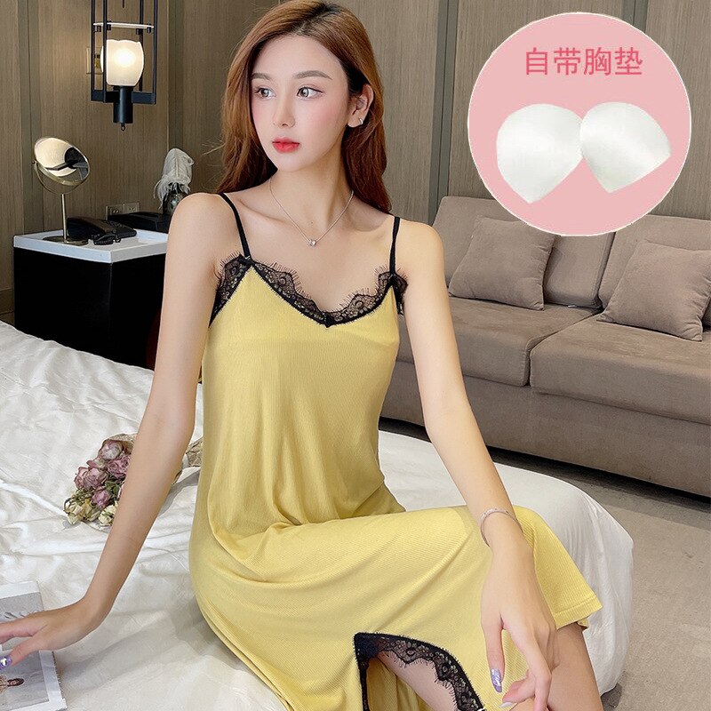 Reggiseno sexy Camicie da notte imbottite da donna New Ice Silk Strap per spaghetti Sleepwear Night Dress Backless Thin Summer Nightshirt Female