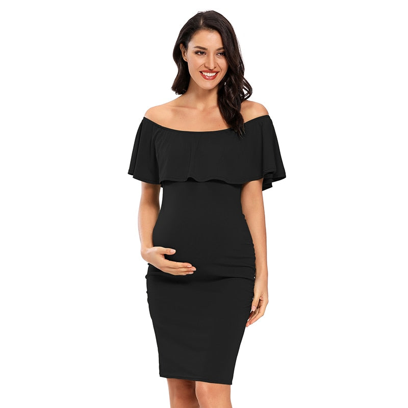 Liu&Qu Abito premaman da donna con spalle scoperte Abito aderente senza maniche con volant Elegante abito aderente con increspature laterali per baby shower