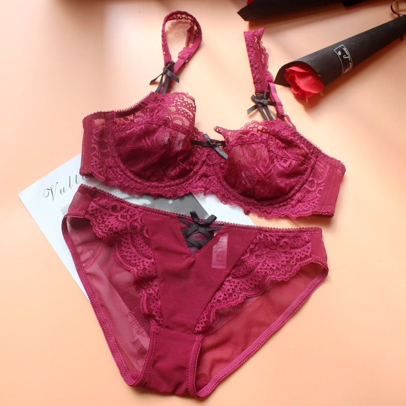 Set reggiseno sexy Bralette ultrasottile Biancheria intima ricamata in pizzo da donna Bella decorazione con fiocco Taglie forti Reggiseno e mutandine con coppa CD