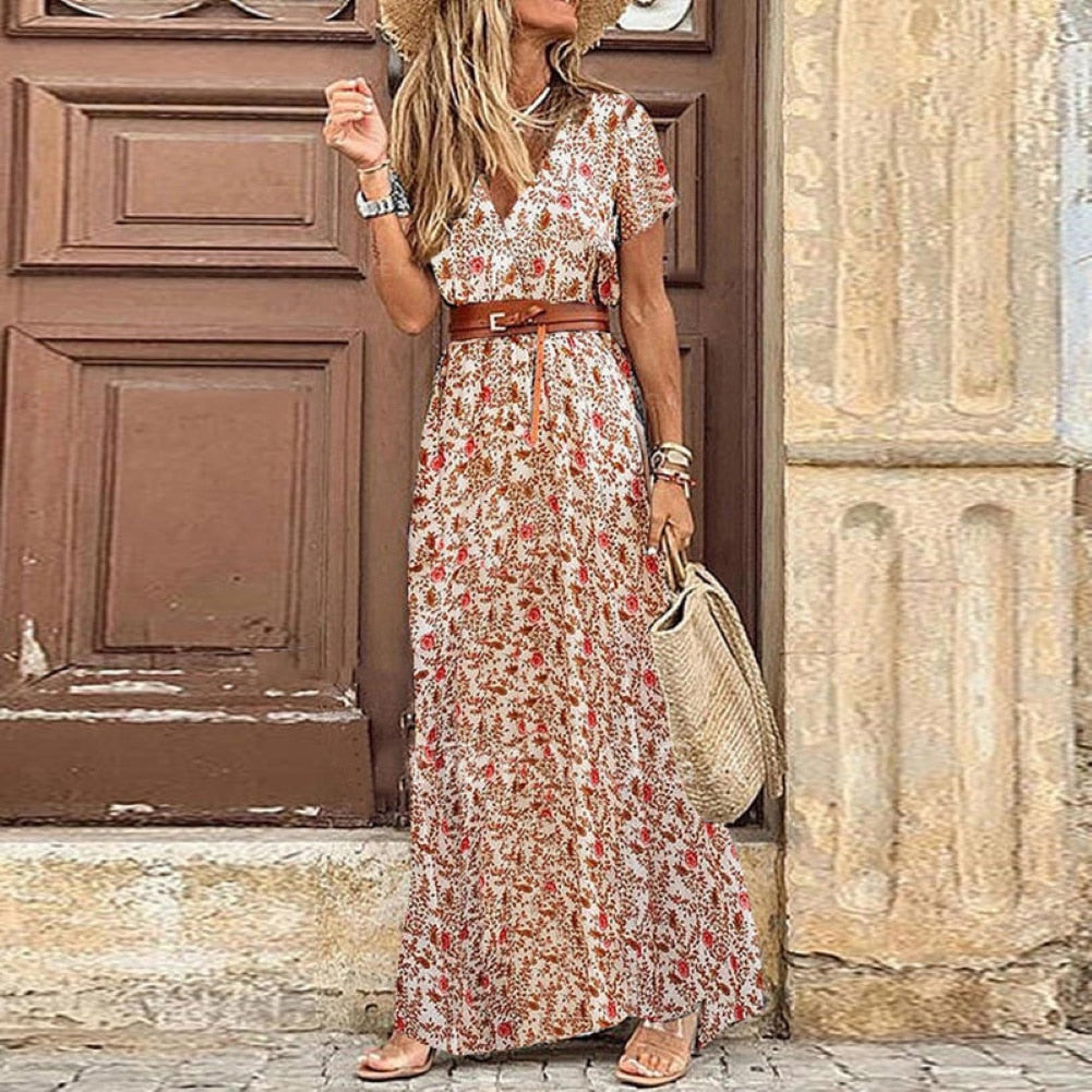 Prodotti VENDITA CALDA!! Boho Donna scollo a V manica corta stampa paisley cintura grande orlo spiaggia abito lungo abito stampa abito da spiaggia estivo con cintura