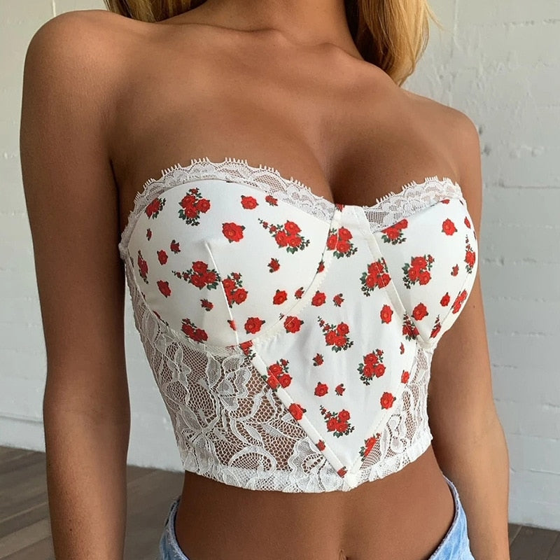 OMSJ Summer Crop Tops For Women 2021 Floral Garza Stitching Top a tubo trasparente Sexy senza maniche Abbigliamento sottile Canotta da donna