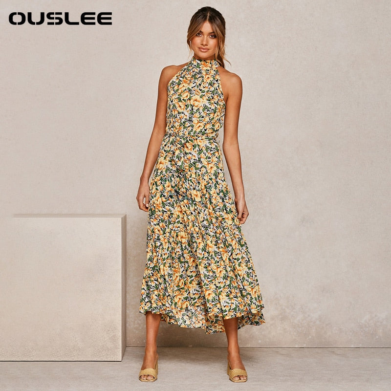 OUSLEE Summer Casual Long Dress Boho Style Halter Polka Dot Abiti Donna Elegante Party Print Maxi Abiti Donna Abiti Mujer