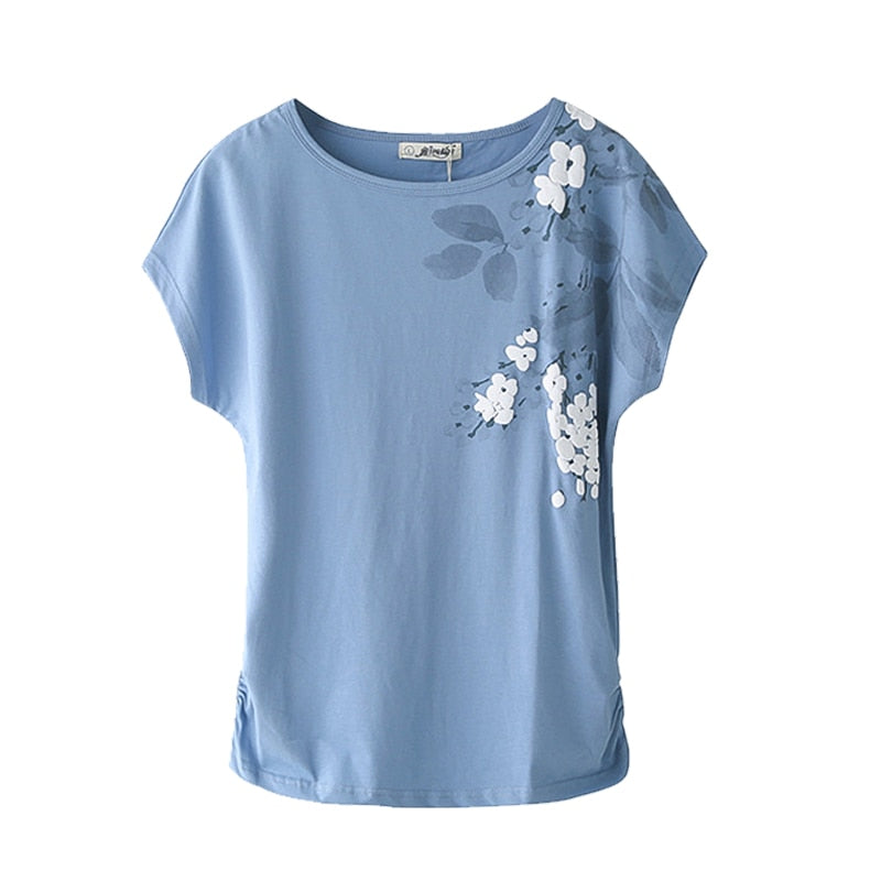 Prodotti T-shirt estiva T-shirt donna 95% cotone T-shirt a maniche corte con fiori sciolti T-shirt stampata bianca verde femminile Basic Large Size 4XL