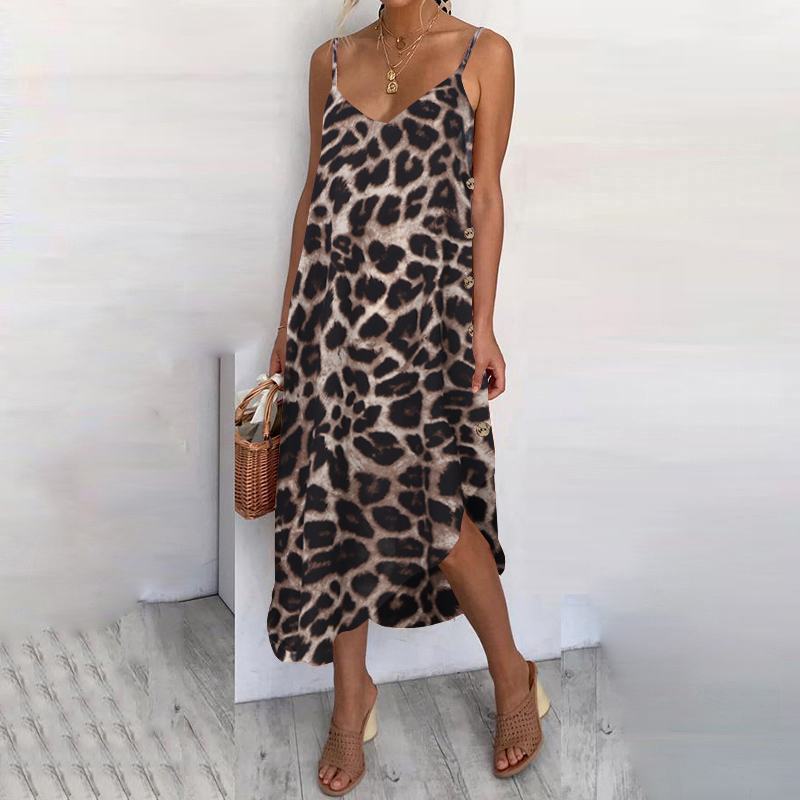 2023 Celmia Delle Donne Della Boemia Della Stampa Del Leopardo Midi Abiti Vestito Da Estate Sexy Senza Maniche Cinghie Bottoni Beach Robe Vestidos