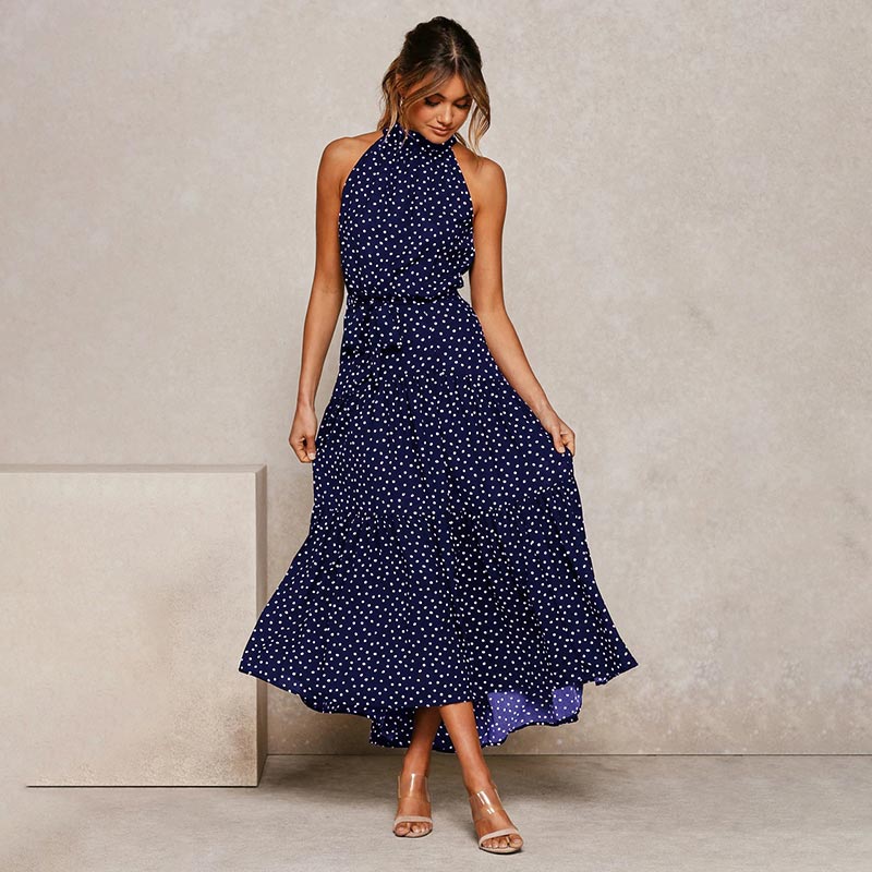 OUSLEE Summer Casual Long Dress Boho Style Halter Polka Dot Abiti Donna Elegante Party Print Maxi Abiti Donna Abiti Mujer