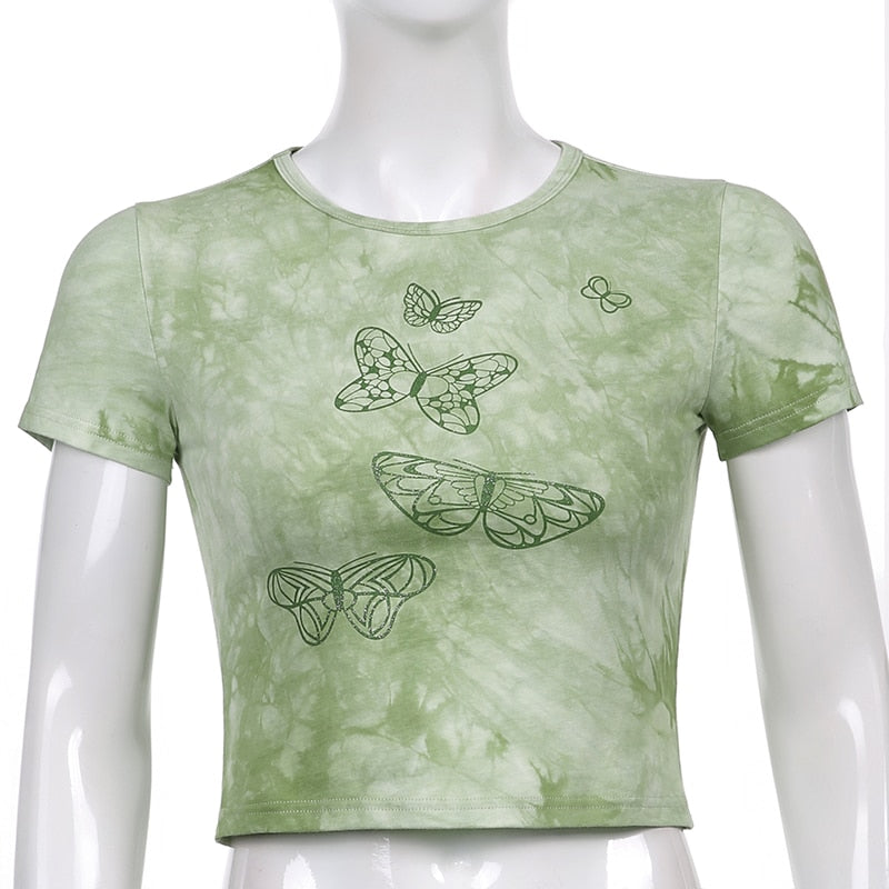 Tie Dye Butterfly Print Casual Green Crop Top T-shirt da donna Harajuku Basic T-shirt a maniche corte Camicia girocollo skinny Iamhotty