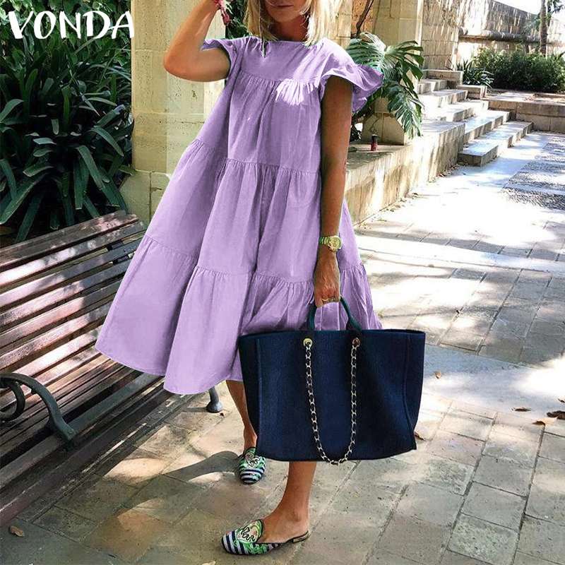 Prodotti Vestito da estate 2023 VONDA Estate Delle Donne Vestito Estivo Holiay Vintage Increspato Abiti Da Sera Del Partito Casual Abiti Femme Robe