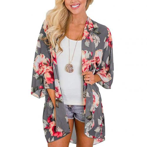 Prodotti Cappotto da donna anti-UV con stampa floreale leopardata a mezza manica con scialle in chiffon Kimono Beach Cardigan Bikini Cover Up Wrap Beachwear