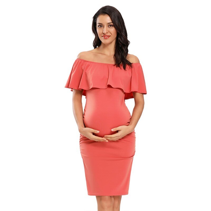 Liu&Qu Abito premaman da donna con spalle scoperte Abito aderente senza maniche con volant Elegante abito aderente con increspature laterali per baby shower