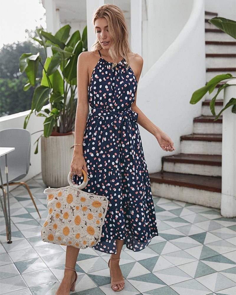 Prodotti Deenor The New WOMEN Summer Polka Dot Sling Holiday Casual Dress Alla moda senza maniche Bohemian alla caviglia