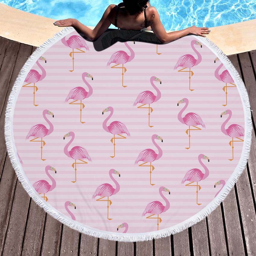 Prodotti WHQ 150*150 cm Fenicotteri Fiori Stampa Telo Mare Rotondo Microfibra DOCCIA ASCIUGAMANI DA BAGNO Estate Nuoto Scialle Stuoia di Yoga Nappa