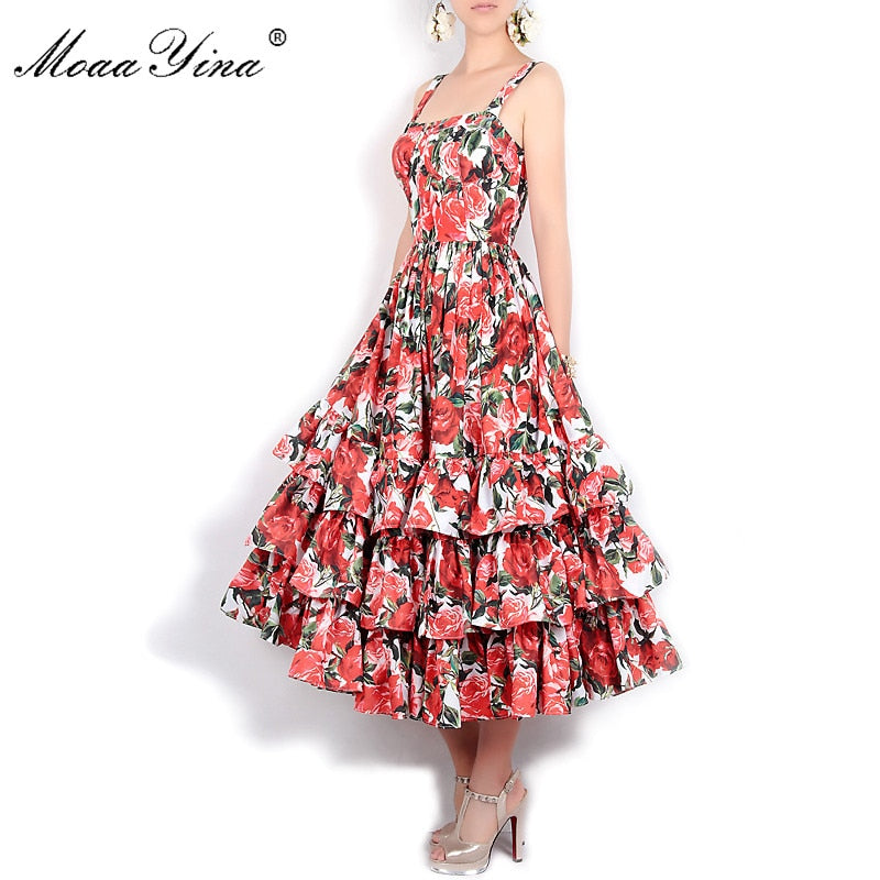 MoaaYina Fashion Designer Runway Ball Gown Dress Summer Women Spaghetti strap Backless Floral Print Cascading Ruffle Beach Dress