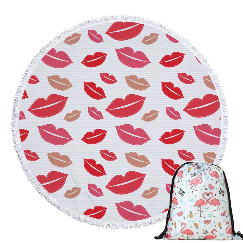 Prodotti Telo mare rotondo con stampa Sweet Lips in microfibra con coulisse Borsa per zaino Asciugamani da bagno per doccia Copri tappetino sportivo per yoga con nappe