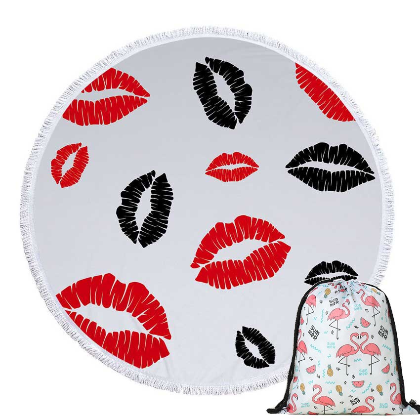 Prodotti Telo mare rotondo con stampa Sweet Lips in microfibra con coulisse Borsa per zaino Asciugamani da bagno per doccia Copri tappetino sportivo per yoga con nappe