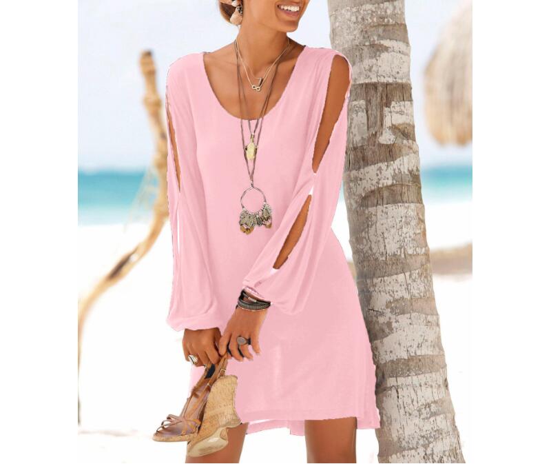 Prodotti Abiti a spalla fredda fluidi casual neri Abito corto stile spiaggia a maniche lunghe con scollo a barchetta estivo da donna con cinque colori