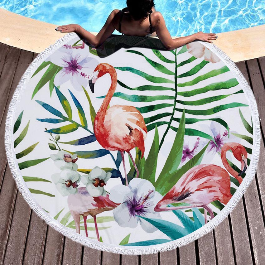 Prodotti WHQ 150*150 cm Fenicotteri Fiori Stampa Telo Mare Rotondo Microfibra DOCCIA ASCIUGAMANI DA BAGNO Estate Nuoto Scialle Stuoia di Yoga Nappa