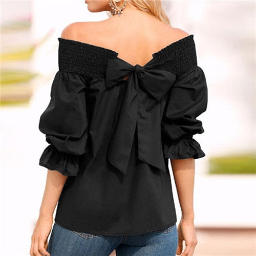 Sexy Off Spalla Primavera Estate Camicetta senza spalline Donna Bowknot Top Slash Neck Camicie Casual Allentato blusas mujer de moda 2019