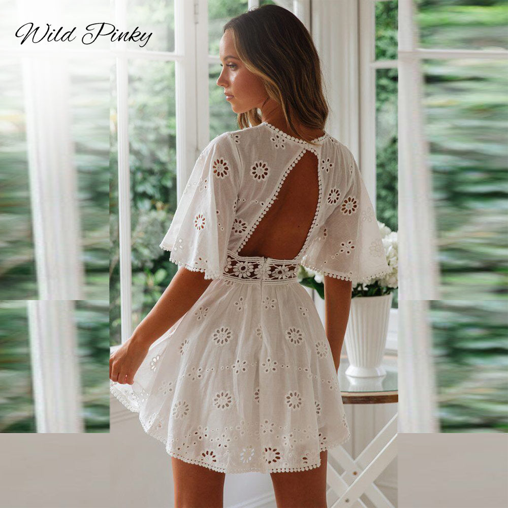 Prodotti WildPinky Abito in pizzo bianco in cotone con maniche svasate Donna Casual Estate a vita alta Abito corto Abiti senza schienale