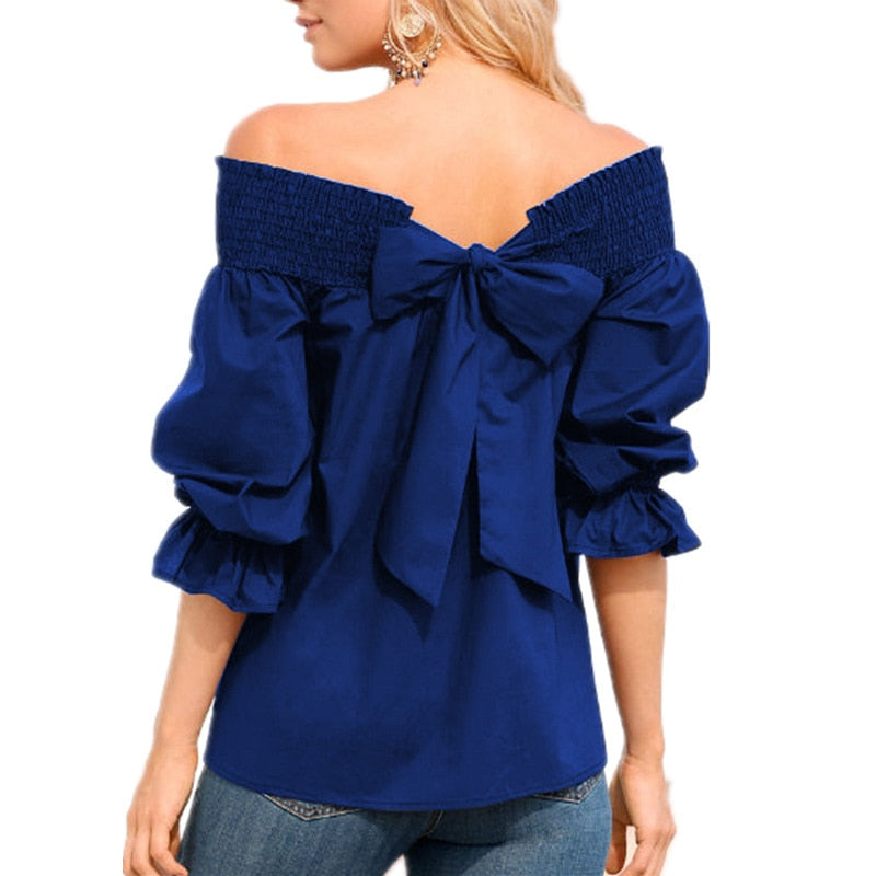 Sexy Off Spalla Primavera Estate Camicetta senza spalline Donna Bowknot Top Slash Neck Camicie Casual Allentato blusas mujer de moda 2019