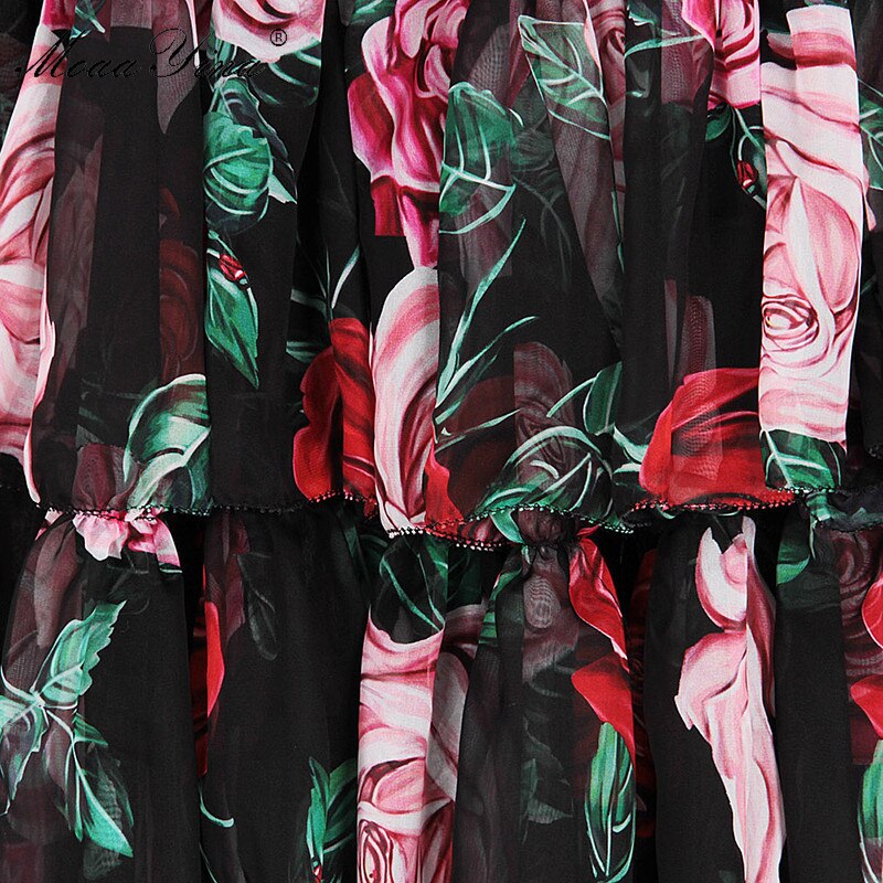 Prodotti MoaaYina Fashion Designer Runway Dress Summer Women # 39; s senza maniche con scollo a V Rose con stampa floreale Ruffles Elastico in vita Abiti da vacanza