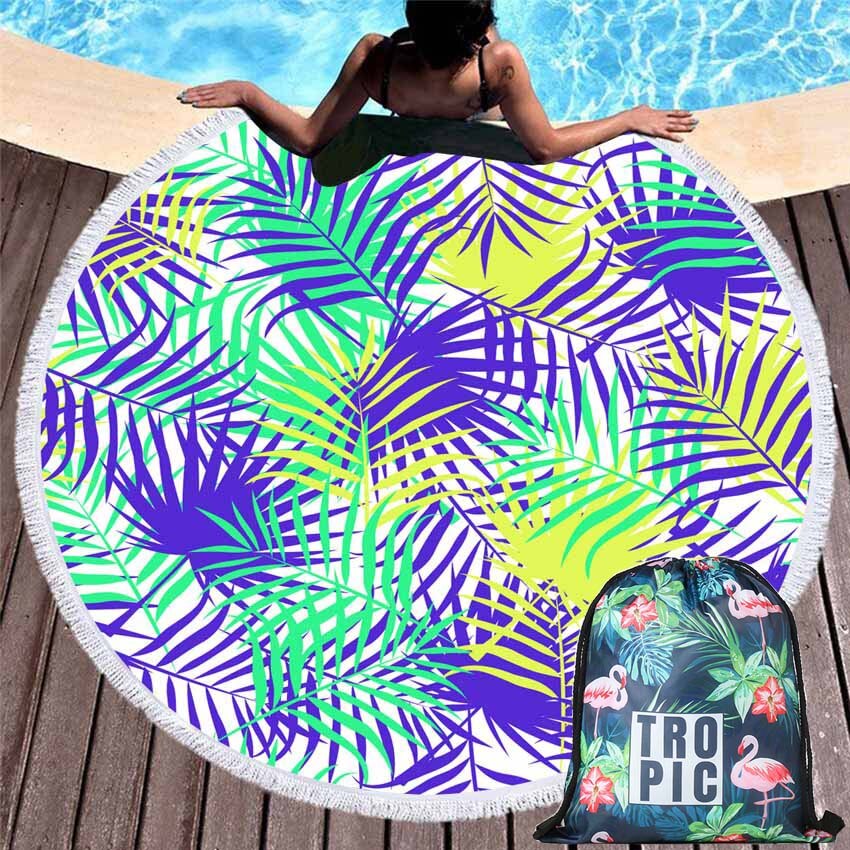 Asciugamani da spiaggia estivi rotondi con foglie Asciugamano da bagno con arazzo da parete in stile bohémien con borsa per zaino con coulisse Copri bikini spa