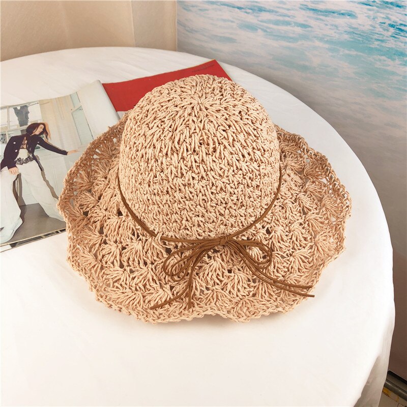 Cappelli da sole estivi pieghevoli Bowknot da donna 2019 Cappello di paglia a tesa larga da spiaggia floscio per viaggi