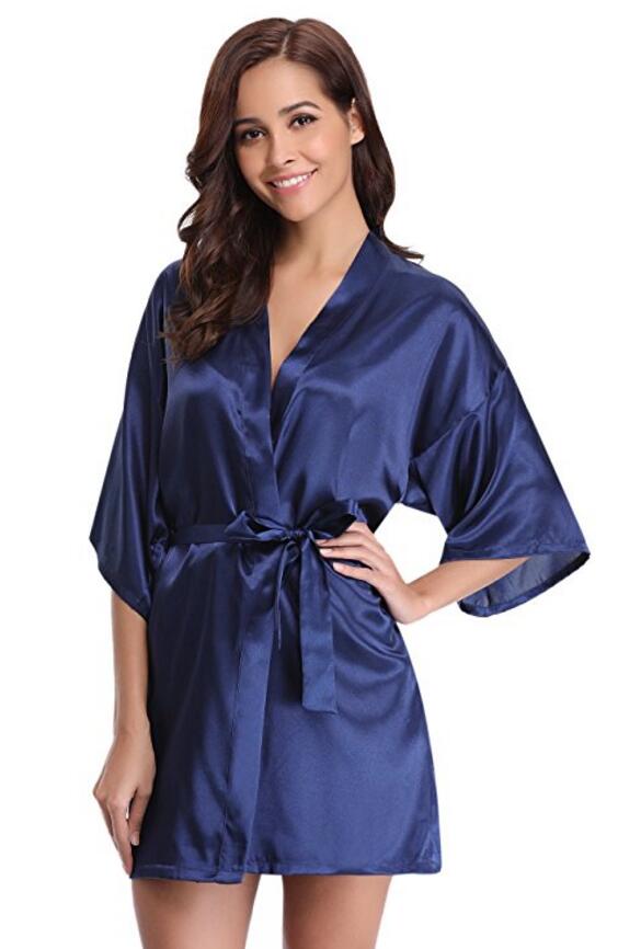 Prodotti RB032 2018 New Silk Kimono Robe Accappatoio Donna Seta Abiti da damigella d'onore Sexy Abiti blu navy Abito in raso Abiti da donna