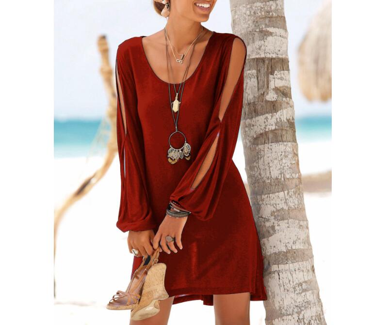 Prodotti Abiti a spalla fredda fluidi casual neri Abito corto stile spiaggia a maniche lunghe con scollo a barchetta estivo da donna con cinque colori