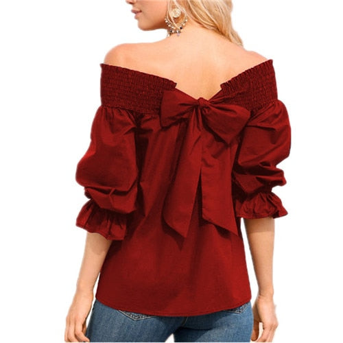 Sexy Off Spalla Primavera Estate Camicetta senza spalline Donna Bowknot Top Slash Neck Camicie Casual Allentato blusas mujer de moda 2019