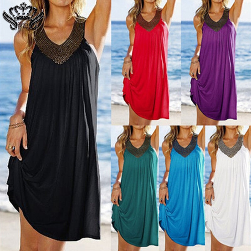 2020 Abiti estivi in cotone da spiaggia Abito da sera sexy da donna Boho Abito con scollo a V senza maniche con diamanti Abito da donna vintage blu