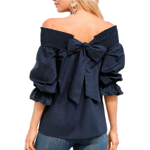 Sexy Off Spalla Primavera Estate Camicetta senza spalline Donna Bowknot Top Slash Neck Camicie Casual Allentato blusas mujer de moda 2019