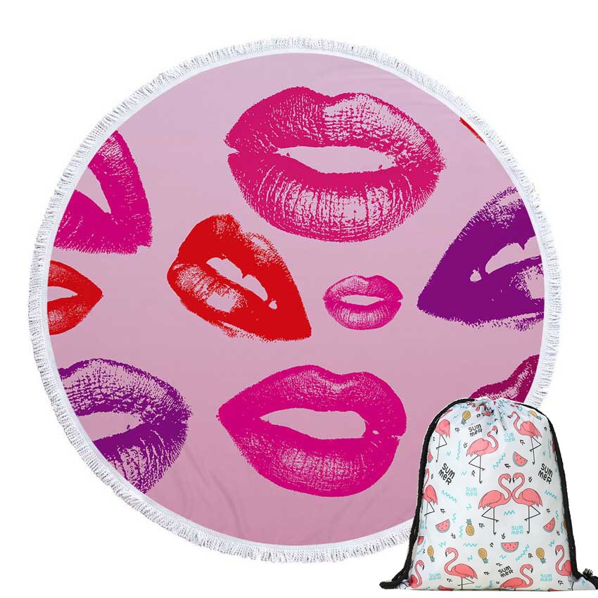 Prodotti Telo mare rotondo con stampa Sweet Lips in microfibra con coulisse Borsa per zaino Asciugamani da bagno per doccia Copri tappetino sportivo per yoga con nappe