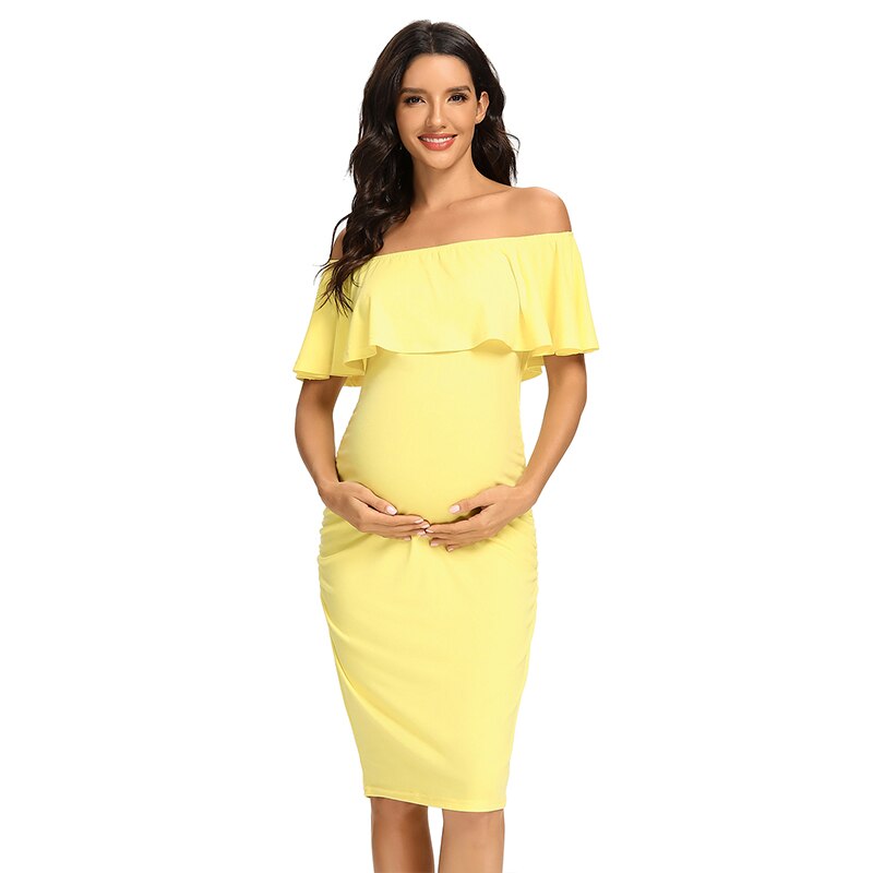 Liu&Qu Abito premaman da donna con spalle scoperte Abito aderente senza maniche con volant Elegante abito aderente con increspature laterali per baby shower