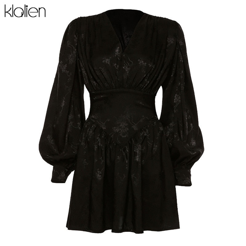 KLALIEN Moda Chiffon Nero Stampa Elegante Mini Abito Allentato Nuove Donne Lanterna Pieghettato Manica Lunga Abiti da Notte da Festa