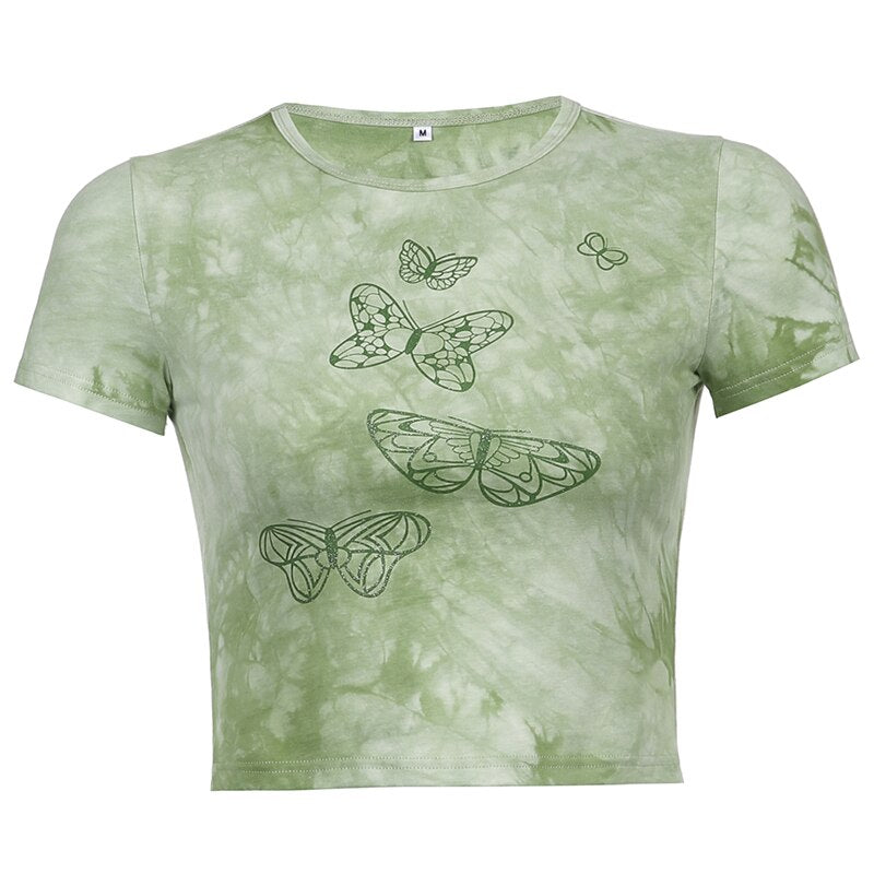 Tie Dye Butterfly Print Casual Green Crop Top T-shirt da donna Harajuku Basic T-shirt a maniche corte Camicia girocollo skinny Iamhotty