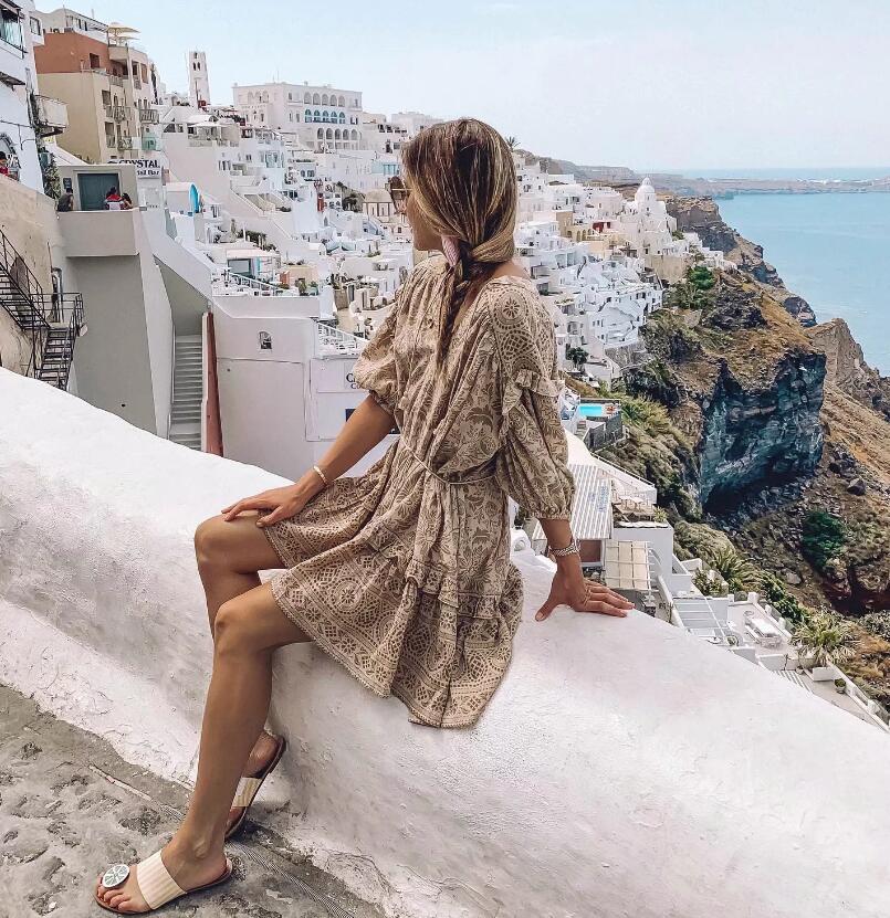 Prodotti 2019 Increspature Orecchio di legno Stampa floreale Abito bohemien da donna Vintage con scollo a V Strappy Mezza manica BOHO Abiti da vacanza femme Vestido