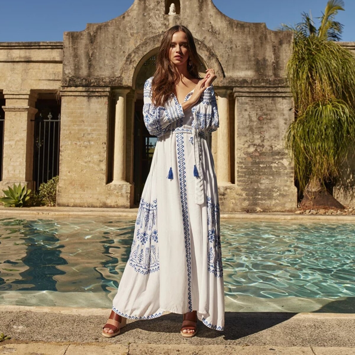 Prodotti Jastie Bahia Maxi Vestito Delle Donne di Estate Autunno Manica Lunga Ricamo Vintage Abito Lungo 2022 Boho Beach Hippie Abiti Allentati Mujer