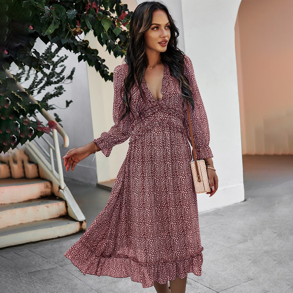 Prodotti Boho Summer Dress Women 2022 Ruffles Print V Neck Chiffon Midi Dress Polso Flare Sleeve Empire Holiday Beach Abiti Donna