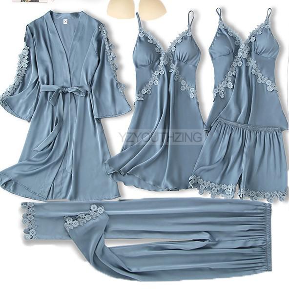 Prodotti 5PCS Robe Suit Satin Women Nightwear Pizzo Kimono Abito da sposa Accappatoio da sposa Set Pigiama sexy Scollo a V Sleepwear Lounge Lingerie