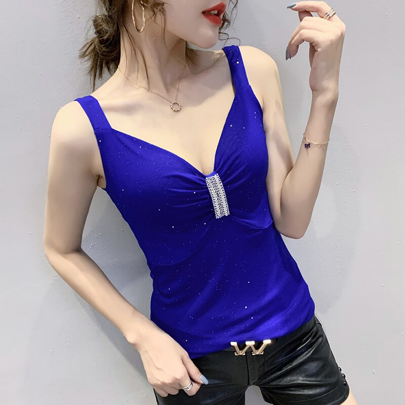 Abbigliamento donna New 2022 Summer T-shirt senza maniche Fashion Sexy Diamonds Women Vest Casual Tops Tank Elasticity Camisetas