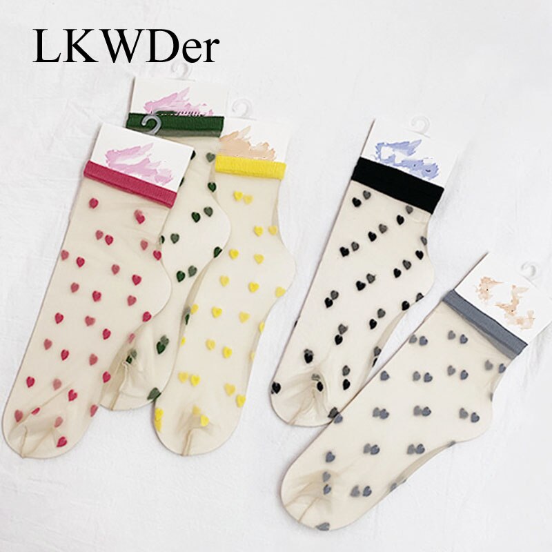 LKWDer 1 paio di calze da donna in filamento di vetro dolce estate primavera colori cuore moda donna caviglia calzino carino Calcetines trasparenti