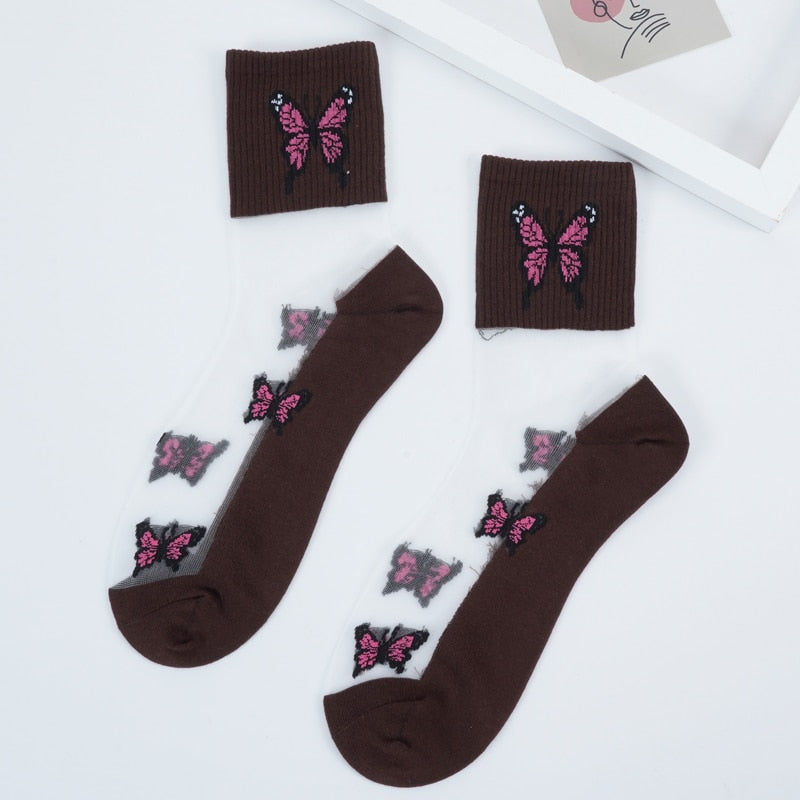 New Butterfly Socks Donna Streetwear Harajuku Crew Kawaii Stripe Fashion Caviglia Funny Cotton Espressione ricamata